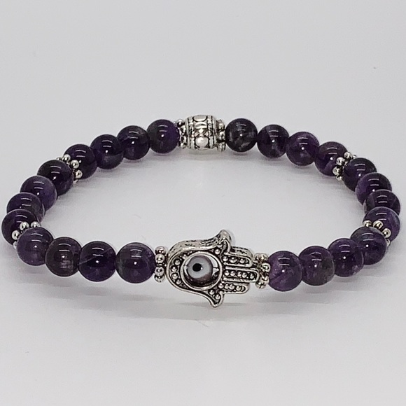 Amethyst with hamsa + evil eye beaded bracelet - Picture 2 of 2